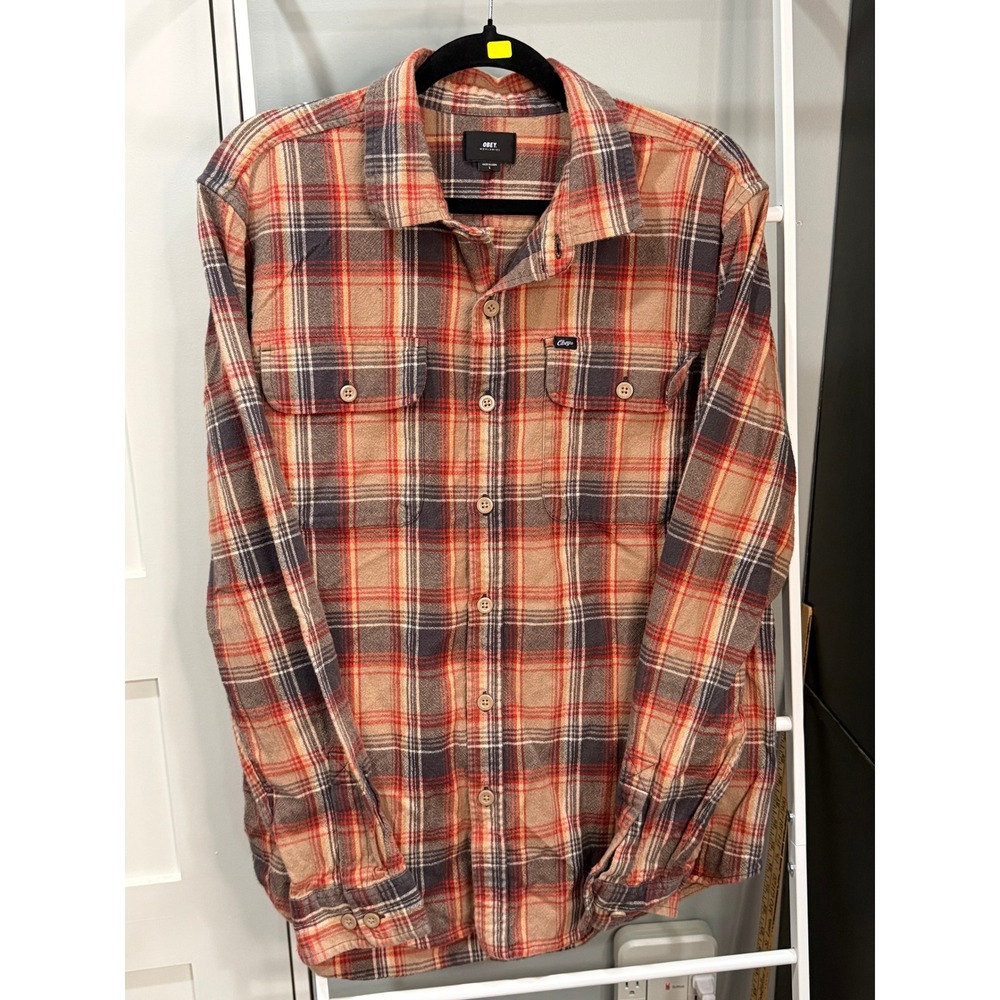 Obey Worldwide Mens L Plaid Flannel Button Down Shirt Orange Tan Cotton Skater